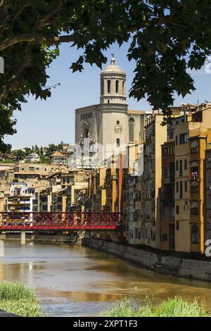 Pont de Les Peixateries Velles über Fluss Onyar, Kathedrale im Hintergrund. Girona, Katalonien, Spanien Stockfoto