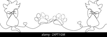 Durchgehende Linie mit sitzender Katze, Pfotenabdrücke, Herz. Fang, Liebe zu Tieren - Katze in einer durchgehenden Linie, Vektor-Grafik-Illustration, Präsentation, Stock Vektor