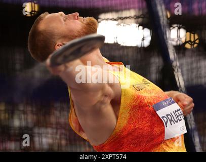 Paris, Frankreich. August 2024. Clemens Pruefer aus Deutschland tritt beim Diskuswerfen der Männer bei den Olympischen Spielen 2024 in Paris am 7. August 2024 an. Quelle: Li Ming/Xinhua/Alamy Live News Stockfoto