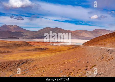 Straße nach Salar de Aguas Calientes (Spanisch für heißen Salzsee) und Lagune im Altiplano über 4000 Meter über dem Meeresspiegel Stockfoto