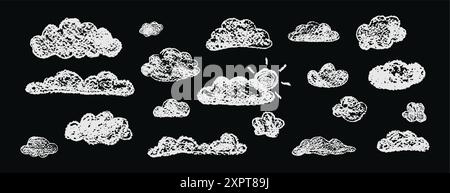 Set abstrakter Bleistiftwolken. Handgezeichneter Cartoon bewölkter Himmel und Sonne. Vektor-Illustration der Sammlung von weißem Wirbel auf schwarzem Hintergrund. Nachahmung Stock Vektor