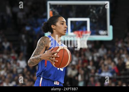 Paris, Frankreich. August 2024. Gabby Williams (Frankreich), Basketball, Viertelfinale der Frauen zwischen Deutschland und Frankreich während der Olympischen Spiele 2024 in Paris am 7. August 2024 in der Bercy Arena in Paris, Frankreich - Foto Michael Baucher/Panorama/DPPI Media Credit: DPPI Media/Alamy Live News Stockfoto
