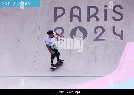 Paris, Frankreich, 7. August 2024. Keegan Palmer aus Australien in Aktion beim Skateboarding-Finale der Männer 2024 Olympische Spiele zwischen den USA und Brasilien am 7. August 2024 in Paris. Quelle: Pete Dovgan/Speed Media/Alamy Live News Stockfoto