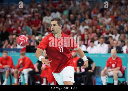 Paris, Frankreich. August 2024. Rasmus LAUGE (Dänemark), Handball, Männer-Viertelfinale zwischen Dänemark und Schweden während der Olympischen Spiele 2024 in Paris am 7. August 2024 im Pierre Mauroy Stadion in Villeneuve-d'Ascq bei Lille, Frankreich - Foto Laurent Sanson/Panorama/DPPI Media Credit: DPPI Media/Alamy Live News Stockfoto