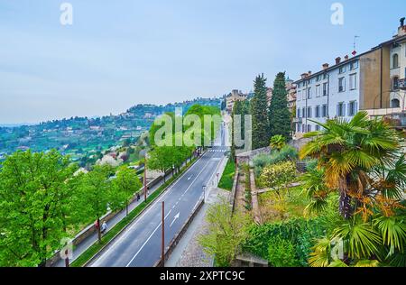 Die lange Straße Vialle delle Mura, gesäumt von üppigen grünen Bäumen, erstreckt sich entlang alter venezianischer Mauern, Bergamo, Italien Stockfoto