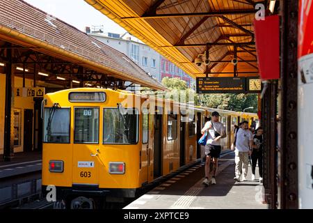 Hochbahnzug der Berliner U-Bahn 2024-08-07 Deutschland, Berlin Kleinprofil-Stammstrecke der Berliner U-Bahn, die stählerne Hochbahn zwischen den Stationen Warschauer Straße in Friedrichshain und Gleisdreick in Kreuzberg, heute das Zuhause der Linien U1 und U3 mit Zügen der Alt-Baureihen G und A3L sowie der Neu-Baureihen HK und IK. Im Bild ein U1-Zug der Reihe A3L zwischen im Bf. Schlesisches Tor. *** Hochzug der Berliner U-Bahn 2024 08 07 Deutschland, Berlin Kleinprofil Hauptstrecke der Berliner U-Bahn, die Stahlhochbahn zwischen den Stationen Warschauer Straße in Friedrichsh Stockfoto