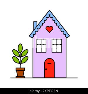 Farbenfrohe Haussymbole. Topfpflanzen-Detail. Herzsymbol. Vektorabbildung. Stock Vektor