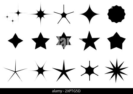 Verschiedene Sternsymbole. Schwarze Silhouetten. Geometrische Vektorsammlung. Dekorative Sternenmotive. Stock Vektor