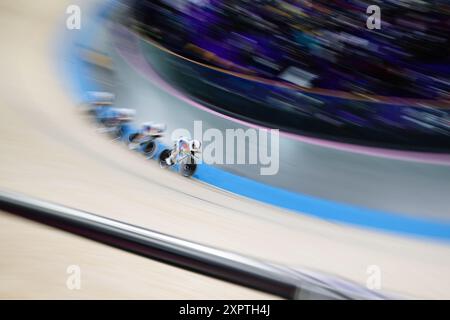 PARIS, FRANKREICH. August 2024. Clara Copponi, Valentine Fortin, Marion Borras und Marie le Net vom Team France treten am zwölften Tag der Olympischen Spiele 2024 im Velodrome Saint-Quentin-en-Yvelines in Paris an. Quelle: Craig Mercer/Alamy Live News Stockfoto