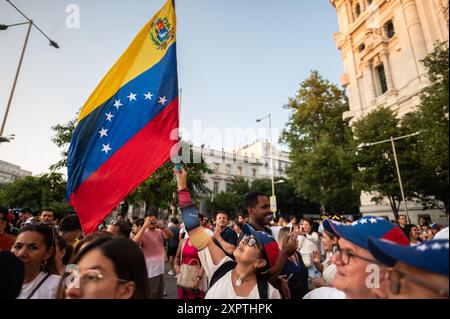 Madrid, Spanien. August 2024. Menschen, die venezolanische Fahnen schwenken, protestieren während einer Demonstration. Hunderte Venezolaner, die in Madrid leben, protestieren auf dem Cibeles-Platz gegen Präsident Nicolas Maduro und fordern die internationale Gemeinschaft auf, den Oppositionsführer Edmundo Gonzalez als Sieger der Wahlen in Venezuela anzuerkennen. Quelle: Marcos del Mazo/Alamy Live News Stockfoto