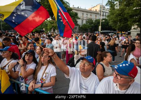 Madrid, Spanien. August 2024. Menschen, die venezolanische Fahnen schwenken, protestieren während einer Demonstration. Hunderte Venezolaner, die in Madrid leben, protestieren auf dem Cibeles-Platz gegen Präsident Nicolas Maduro und fordern die internationale Gemeinschaft auf, den Oppositionsführer Edmundo Gonzalez als Sieger der Wahlen in Venezuela anzuerkennen. Quelle: Marcos del Mazo/Alamy Live News Stockfoto