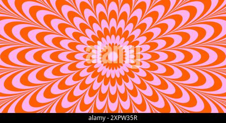 Optischer Illusionshintergrund. Rote und rosafarbene abstrakte, verzerrte Wellenlinien. Poster mit Radialwellen. Trippige Illusiontapete mit Sonnenschliff. Vektordrehung hypnotische Illustration Stock Vektor
