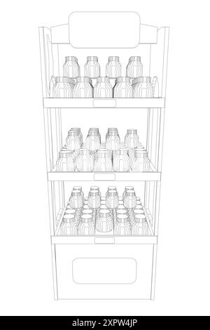 Supermarkt-Schaufenster. Supermarkt mit Lebensmittelregalen, Regalen. Vektorkonzept speichern Stock Vektor