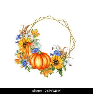 Kürbisse, Sonnenblumen, Gänseblümchen, Kornblumen, Weizen, geometrische sechseckige Aquarellillustration für Herbstblätter. Symbol für Thanksgiving oder Halloween. Autu Stockfoto