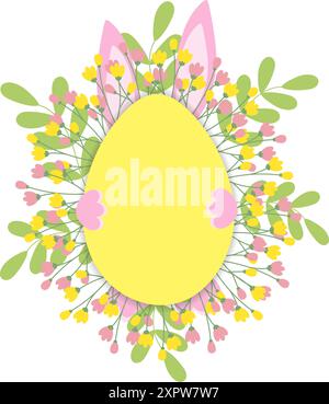 Osterrahmen mit Zweigen, Blumen und Hasenohren, Pfoten dahinter isoliert auf weiß. Kopierbereich. Vektorabbildung. Ostergrußkarten, Poster, Banner, Broschüren oder Design-Konzept für Beschriftungen Stock Vektor