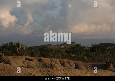 Sonnenuntergang in der Tatacoa-Wüste, Bergkaktus und geologische Formationen, in Villavieja, Huila, Kolumbien Stockfoto