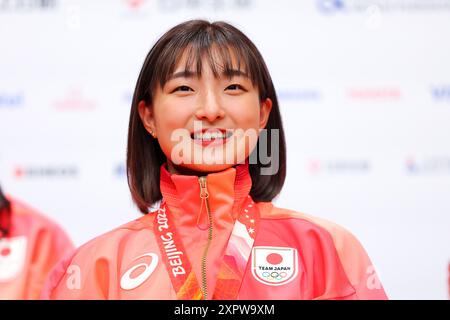 Paris, Frankreich. August 2024. Kaori Sakamoto (JPN) Eiskunstlauf : Silbermedaillengewinner Japan Team Group Teilnahme an einer Pressekonferenz nach der Verleihung der Medaillen für das Eiskunstlauf Team Event der Olympischen Spiele 2022 in Peking im Champions Park in Trocadero während der Olympischen Spiele 2024 in Paris, Frankreich . Quelle: Naoki Nishimura/AFLO SPORT/Alamy Live News Stockfoto