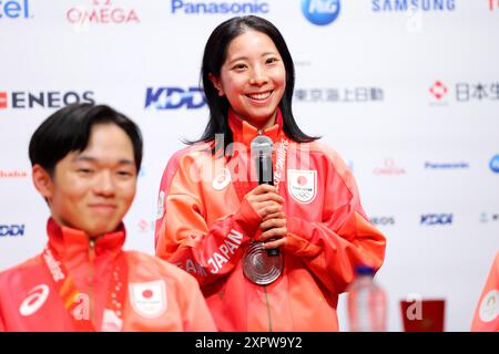 Paris, Frankreich. August 2024. Riku Miura (JPN) Eiskunstlauf : Silbermedaillengewinner Japan Team Group Teilnahme an einer Pressekonferenz nach der Verleihung der Medaillen für das Eiskunstlauf Team Event der Olympischen Spiele 2022 in Peking im Champions Park in Trocadero während der Olympischen Spiele 2024 in Paris, Frankreich . Quelle: Naoki Nishimura/AFLO SPORT/Alamy Live News Stockfoto