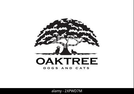 Oak Tree Logo Design mit Hund und Katze Silhouetten für Haustierpflegeunternehmen Stock Vektor