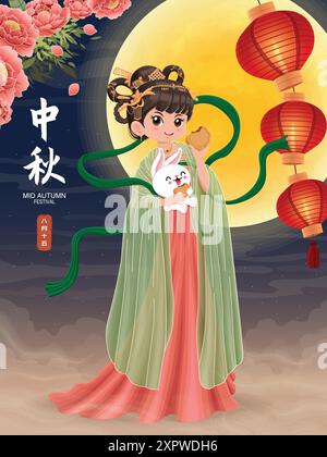 Vintage Mid Autumn Festival Poster Design chinesische Göttin des Mondes, Hase Charakter. Übersetzung: Mid Autumn Festival, Fünfzehn August. Stock Vektor