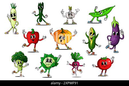 Cartoon groovige Gemüsefiguren Vektor-Set. Rettich, Brokkoli, Paprika, Kohl und Kürbis, Spargel, Knoblauch, Erbsen, Mais und Auberginen mit tom Stock Vektor