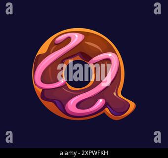 Cartoon-Buchstabe Q wie ein Donut mit Hochglanz-Schokoladenglasur und rosafarbenem Zuckerguss. Süßigkeiten- und Süßwarenalphabet, Süßwarenschrift, Schriftart, Kekse Stock Vektor