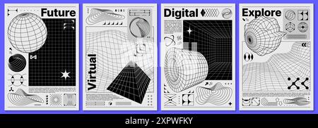 Brutalism y2k Poster, mit Retro-Raster und abstrakten 3D-Formen. Vektor-Schwarzweiß-Karten oder Hintergründe mit abstraktem monochromen geometrischen Surreal Stock Vektor