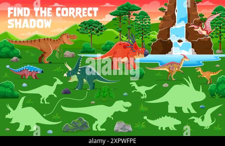 Finde den richtigen Schatten prähistorischer Dinosaurier, Comic-Quiz-Spiel für Kinder, Vektor-Arbeitsblatt. Finde die richtige Schattensilhouette von T-rex Tyrannos Stock Vektor