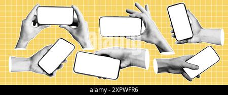 Satz von Halbtonhändern, die das Telefon mit leerem Display halten. Trendige Elemente im Retro-Pop-Art-Stil Stock Vektor