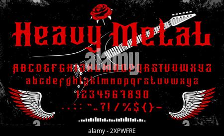 Devil Schriftart oder Dämonenschriftart für Hard Rock oder Heavy Metal, vektorgotische Buchstaben. Rote Evil-Schriftart mit englischem Alphabet für Hard roc Stock Vektor