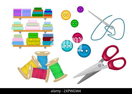 Schneiderset. Gewebe auf Regal, Knopf, Schere, Nadel und Spule für Gewinde. Nähset oder Zubehör für handgefertigt. Handwerkzeuge. Vektorabbildung Stock Vektor