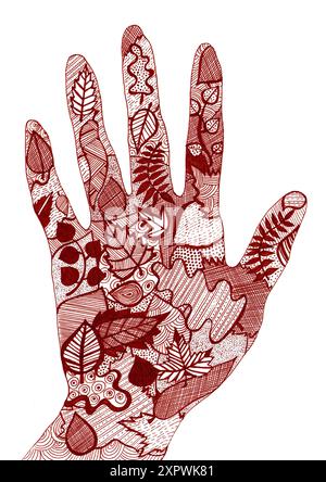 Die Silhouette der Handfläche ist mit verschiedenen Blättern und Texturen gefüllt. Kritzeleien. Rot-braune Umrisszeichnung, isoliert auf weißem Hintergrund. Verschiedene Arten von Blättern. Linien, Punkte, Streifen, Konturen. Stockfoto
