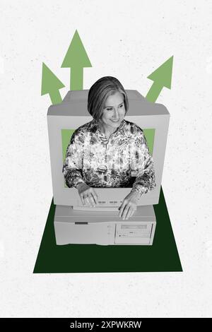 Vertikale Bildcollage Reife Geschäftsfrau Computer Bildschirm Monitor Pfeile erhöhen Fortschritt Verbesserung Entwicklung Zeichnung Hintergrund Stockfoto