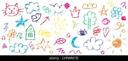 Farbenfrohe Holzkohle-Kritzelformen und Schnörkel. Bleistiftzeichnungen isoliert auf weiß. Krone, Katze, Sterne, Blume, Herz. Stock Vektor