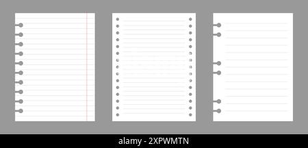 Satz Notizbuchblätter isoliert auf grauem Hintergrund. Realistische weiße Rohlinge aus liniertem Papier. Andere vertikale Seiten aus dem Tagebuch. Vektorvorlage Stock Vektor