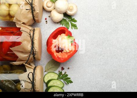 Verschiedene eingelegte Produkte in Gläsern und frische Zutaten auf grauem Tisch, flach gelegt. Leerzeichen für Text Stockfoto