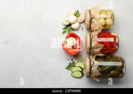 Verschiedene eingelegte Produkte in Gläsern und frische Zutaten auf grauem Tisch, flach gelegt. Leerzeichen für Text Stockfoto