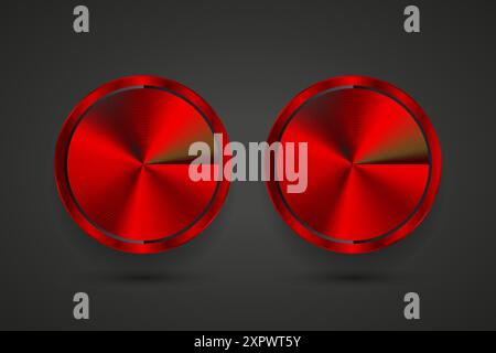 Set aus zwei roten abstrakten Kreistasten, rote leere Tasten-Schablone mit Metallstruktur aus Chrom, Silber, Stahl, realistischem metralischem und hellem Hintergrund Stock Vektor