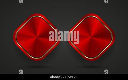 2 rote abstrakte, rechteckige Schaltflächen-Vorlage mit Metallstruktur (Chrom, Stahl, Silber, Kupfer), realistisches metral auf dunklem Hintergrund für Web-UI-Design Stock Vektor
