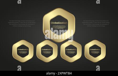 Set aus hochwertigen sechseckigen Infografik-Symbolen auf dunklem Hintergrund mit Farbverlauf, Luxus-Symbol-Infografik-Design. Eine goldene Webschaltfläche. Und Vektor, illustr Stock Vektor