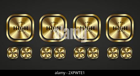 Kollektion mit goldverklebtem Rechteckknopf mit goldener Lockenung auf der Rückseite. Hochwertige rechteckige leere Papieretiketten Vektorillustration. Abzeichen mit Stock Vektor