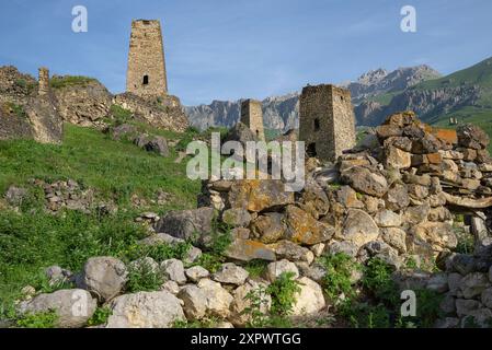 Auf den Ruinen alter Türme. Die Umgebung der Cmiti. Nordossetien-Alanien, Russland Stockfoto