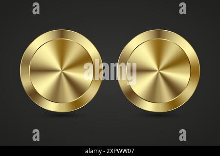 Zwei luxuriöse, realistische goldene Ringringe aus glänzendem Metall auf grüner Drucktaste für Website, 2 abstrakte Abzeichen-Elemente auf schwarzem Hintergrund Stock Vektor