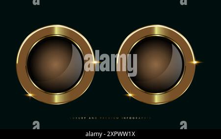 Zwei luxuriöse und hochwertige goldene Abzeichen und Etiketten, dunkle Premium-Knöpfe, Etiketten hochwertige Produkte Vektordesign Stock Vektor