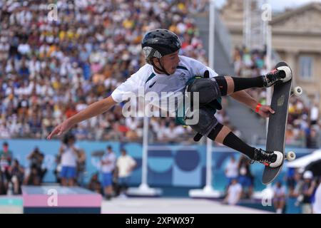 Parigi, Frankreich. August 2024. Keegan Palmer von aus, Sieger beim kateboarding menÕs Finale bei den Olympischen Spielen 2024, Mittwoch, 7. August 2024, in Paris, Frankreich. (Foto: Gian Mattia D'Alberto/LaPresse) Credit: LaPresse/Alamy Live News Stockfoto