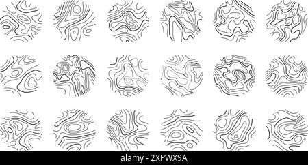 Kreisförmige Holzringe oder topografische Kartenlinien Texturset. Sammlung der topographischen abstrakten Linien des Holzbaums Stock Vektor
