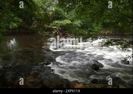 Düren Nordrhein Westfalen Deutschland 2. August 2024. Rapids an der Rur in Düren. Langsame Verschlusszeit. duren, dueren, roer, Wehr, Stockfoto