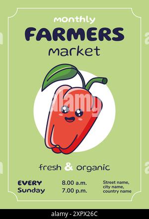 Farmers Market Flyer mit Kawaii Red Pepper. Flaches Design. Werbeplakat, Banner, Faltblatt. Marktkonzept für Landwirte. Stock Vektor
