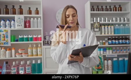 Eine junge attraktive blonde Frau in einer Apotheke, die einen weißen Labormantel trägt, am Telefon spricht und ein Klemmbrett hält, umgeben von verschiedenen Produ Stockfoto