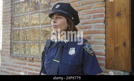 Eine wachsame hispanische Polizistin in Uniform steht draußen auf einer Stadtstraße, dargestellt in einer realistischen Stadtszene. Stockfoto